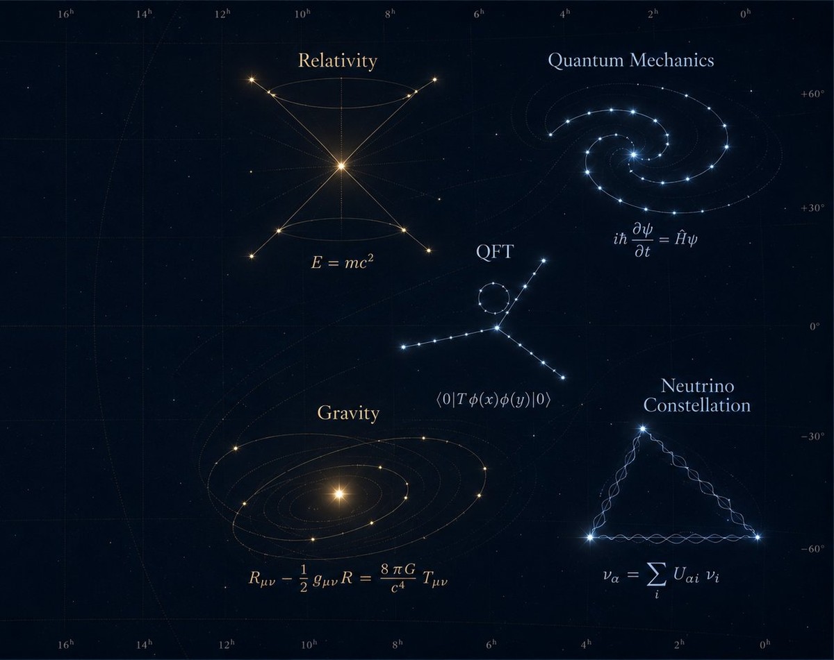 Physics constellations: relativity, quantum mechanics, quantum field theory, gravity, and the neutrino constellation, rendered as a star chart